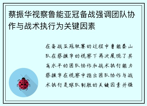 蔡振华视察鲁能亚冠备战强调团队协作与战术执行为关键因素