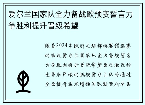 爱尔兰国家队全力备战欧预赛誓言力争胜利提升晋级希望